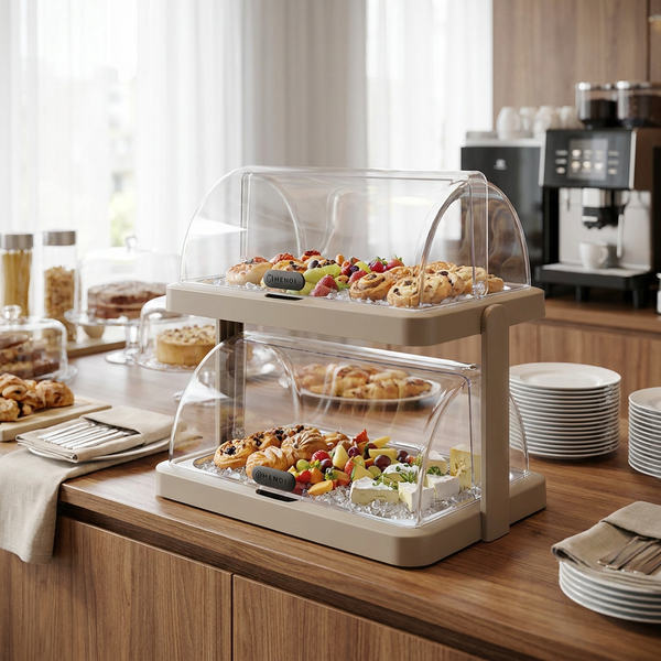 Hendi Uniq Dobbelt Buffet-Kølevitrine med Rullelåg – Sandfarvet