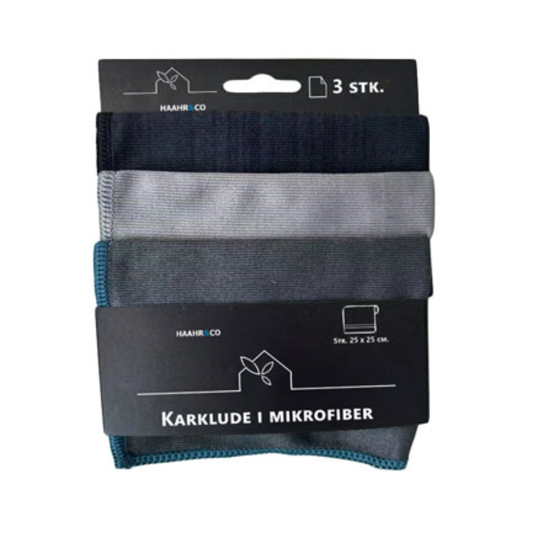 Karklud Mikrofiber Glat Pk. á 3 Stk. 3 Ass. Farver Blå/grå. Str. 25 x 25 Cm.