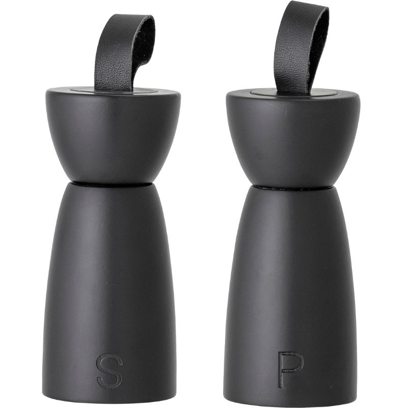 Salt- og peberkværne Bloomingville Hanif sort gummitræ Ø6,5 x 15 cm med læderstrop