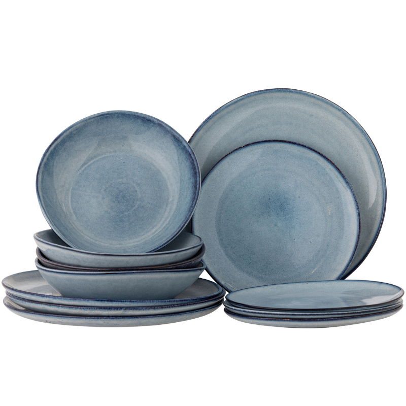 Sandrine Bordservice Sæt, Blå, Stentøj 4 x 3 Stk