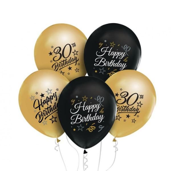 Se Beauty&Charm Balloner 12&quot; Med Tryk "30" Guld Og Sort 5 Stk. hos Barlife.dk