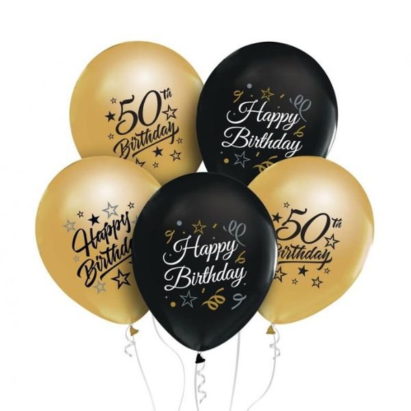 Se Beauty&Charm Balloner 12&quot; Med Tryk "50" Guld Og Sort 5 Stk. hos Barlife.dk