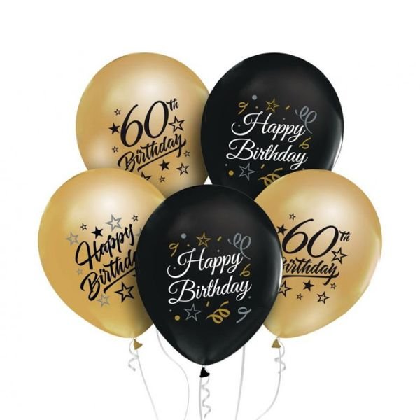 Se Beauty&Charm Balloner 12&quot; Med Tryk "60" Guld Og Sort 5 Stk. hos Barlife.dk